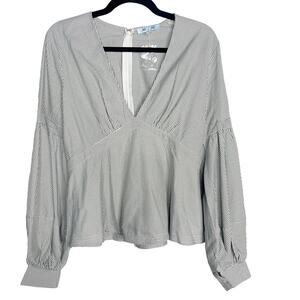 New She + Sky Large L Gray White Striped V Neck Long Sleeve Blouse Cuff Sleeve